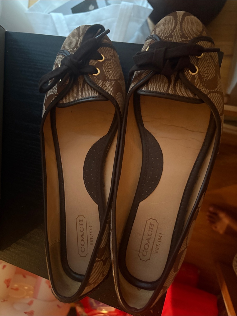 Coach Brown Signature Logo Bow Tie Ballet Flats